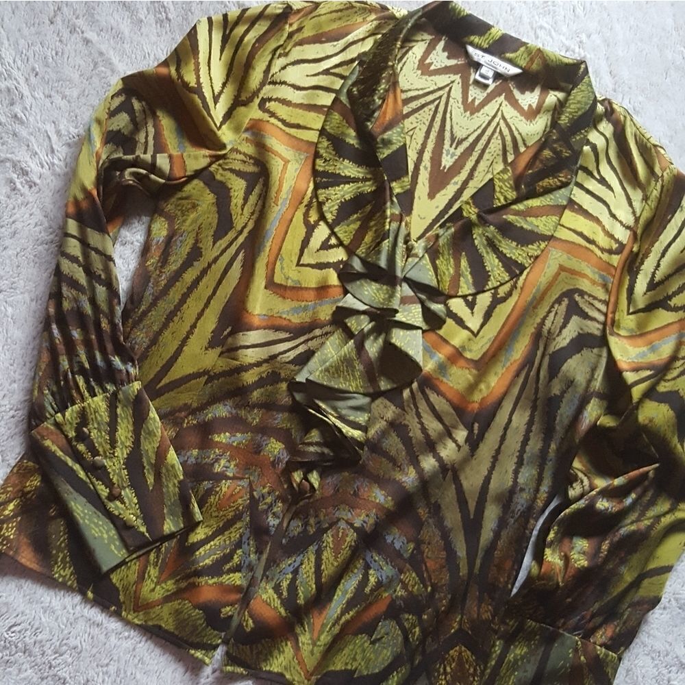 ST. JOHN Vintage Top Long Sleeve Silk Ruffle Button Down Retro Y2k Womens 10
